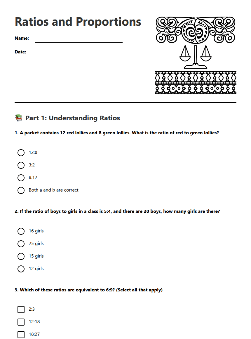 Ratios and Proportions worksheet preview