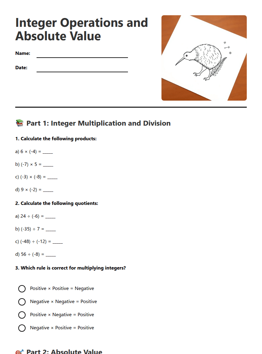 Integer Operations and Absolute Value worksheet preview