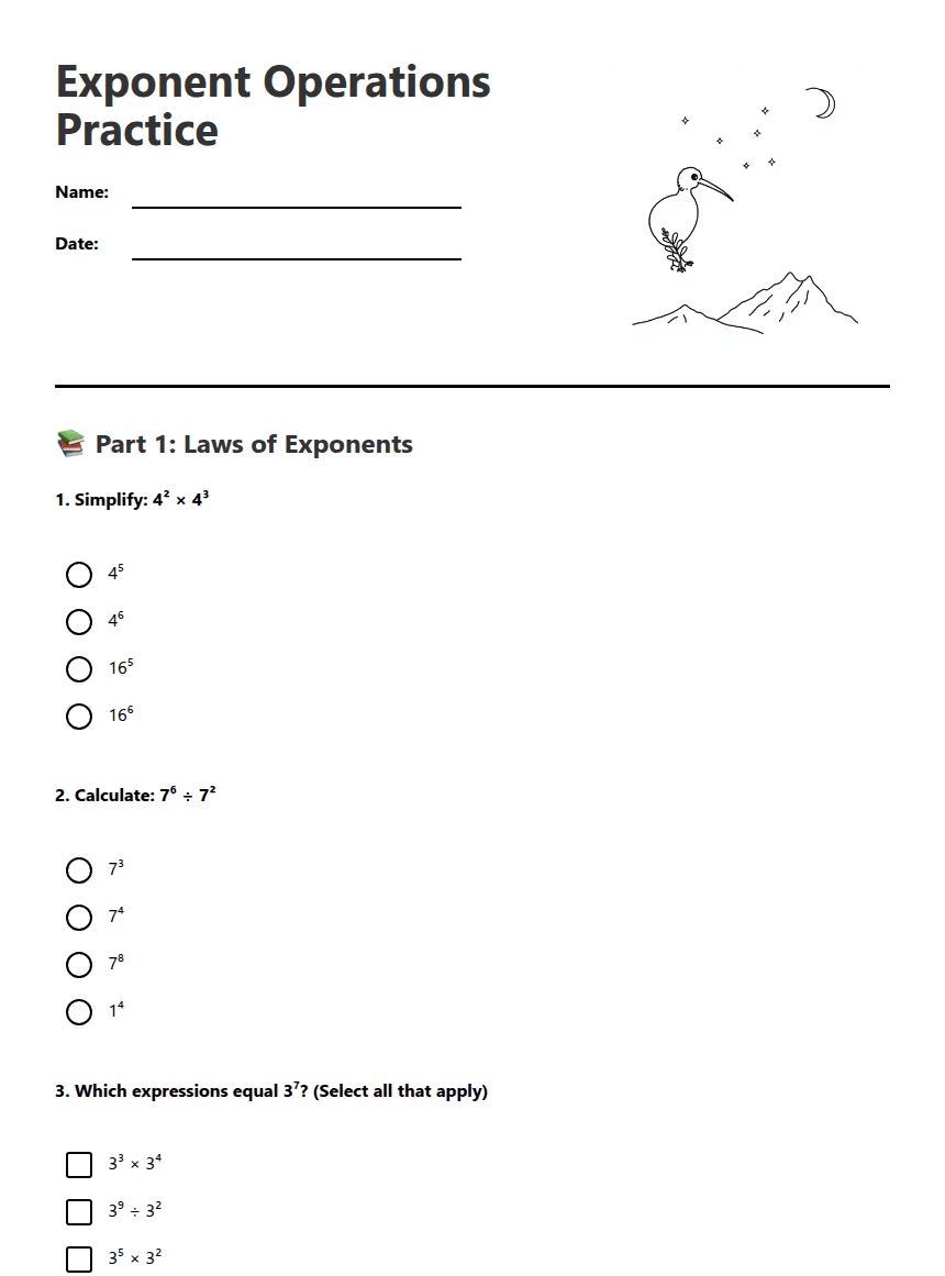 Exponent Operations Practice worksheet preview