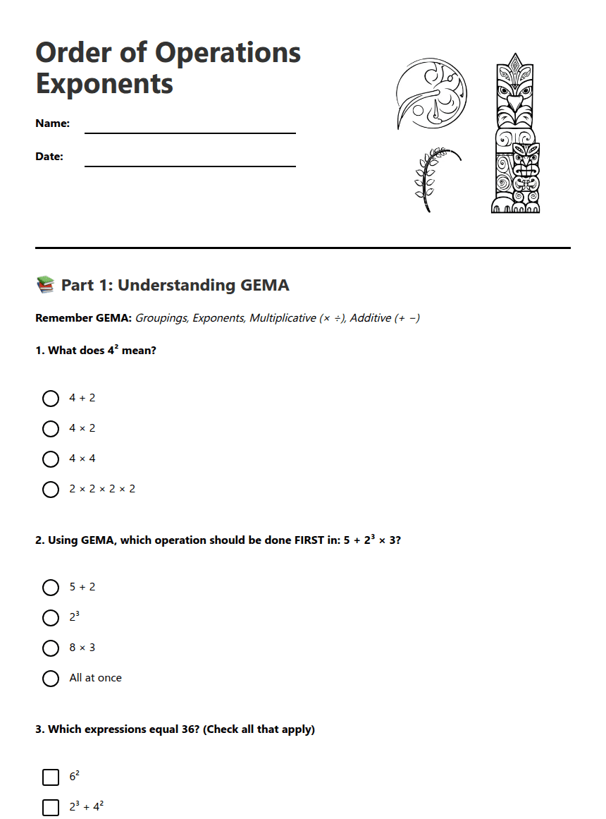 Order of Operations Exponents worksheet preview