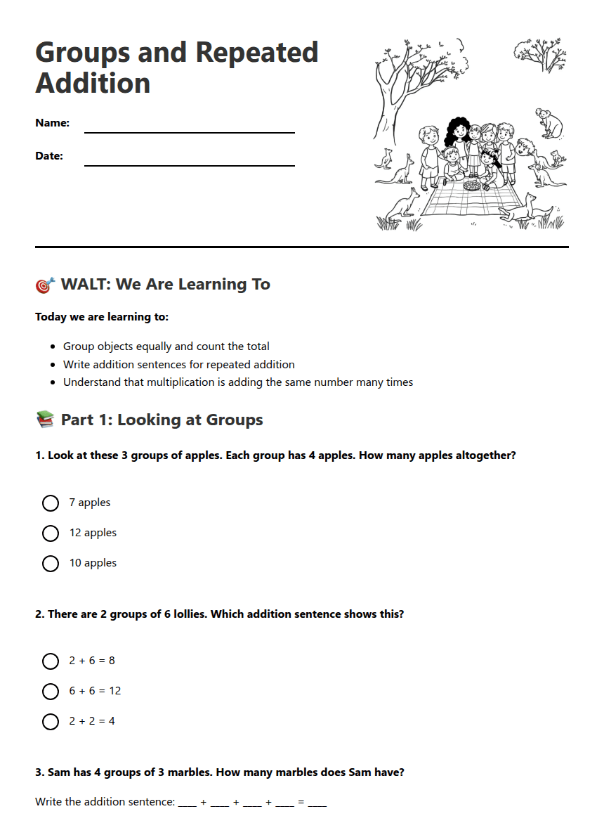 Groups and Repeated Addition worksheet preview