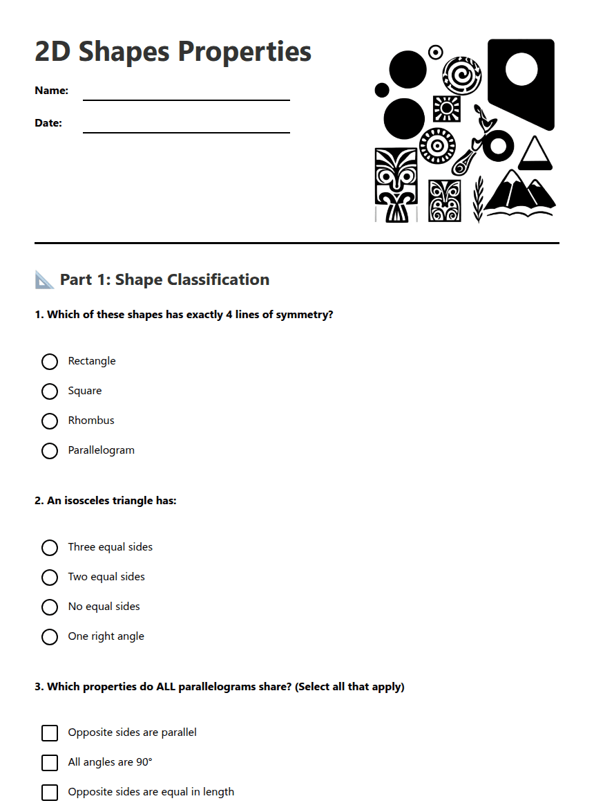 2D Shapes Properties worksheet preview