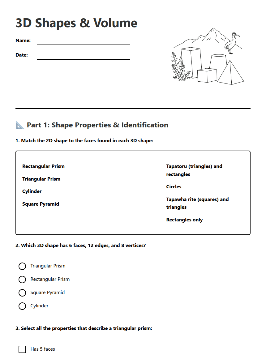 3D Shapes & Volume worksheet preview