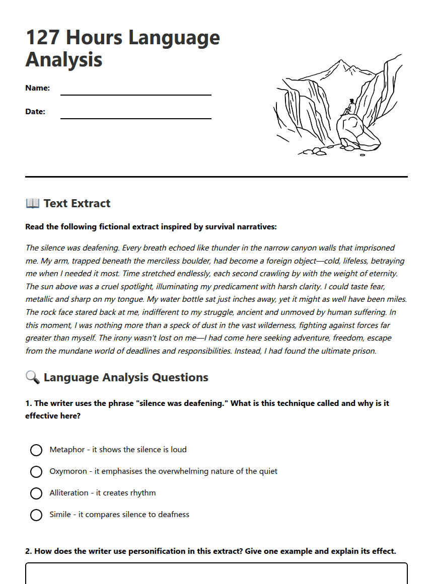 127 Hours Language Analysis worksheet preview