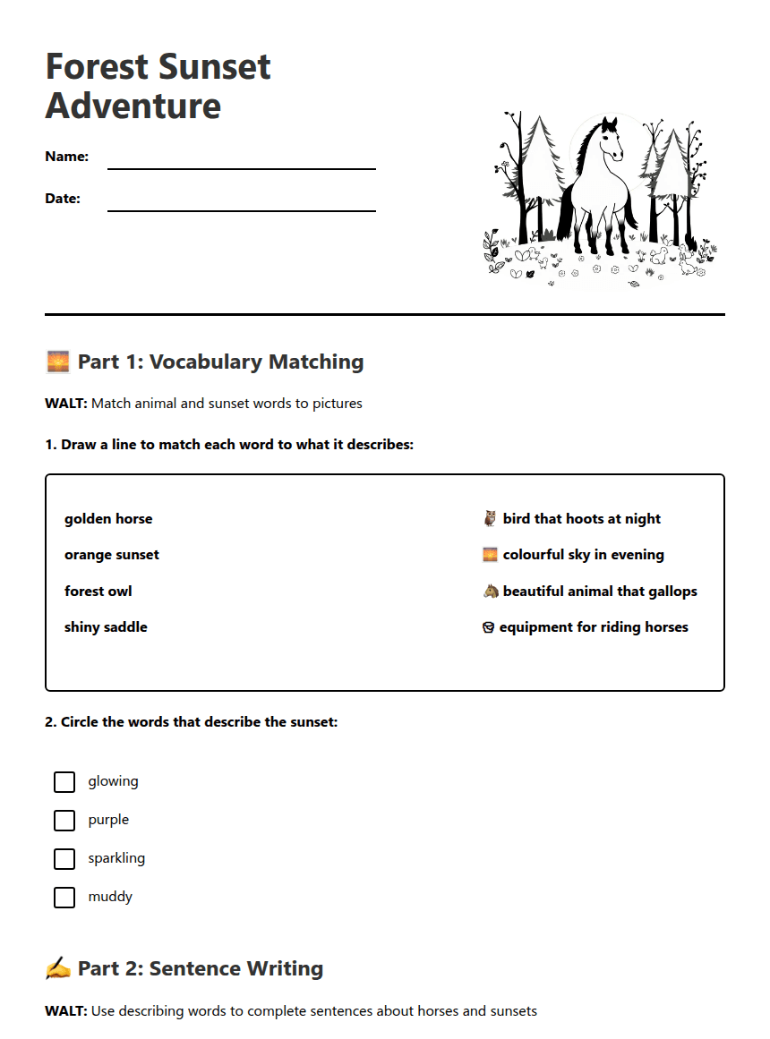Forest Sunset Adventure worksheet preview