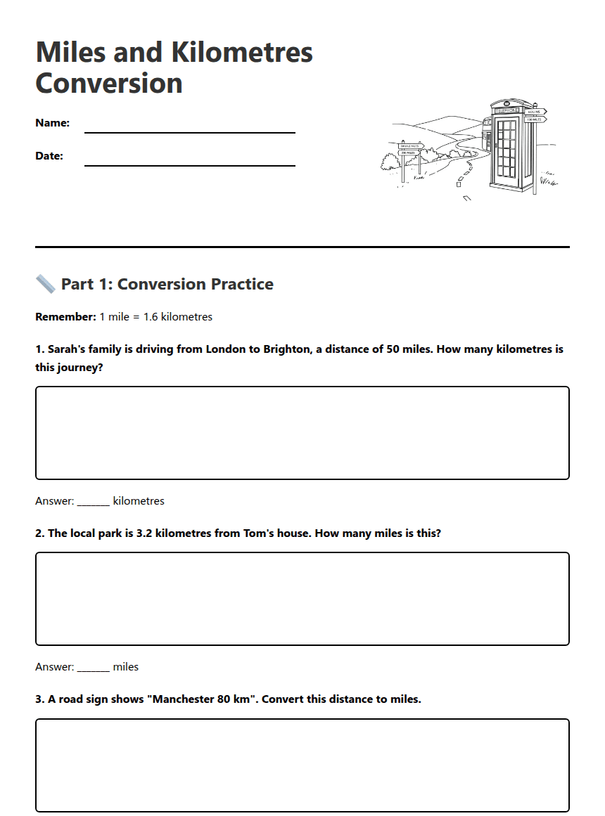 Miles and Kilometers Conversion worksheet preview