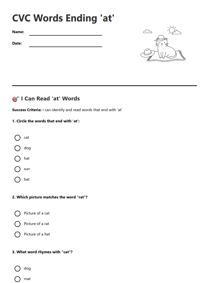 CVC Words Ending 'at' worksheet preview