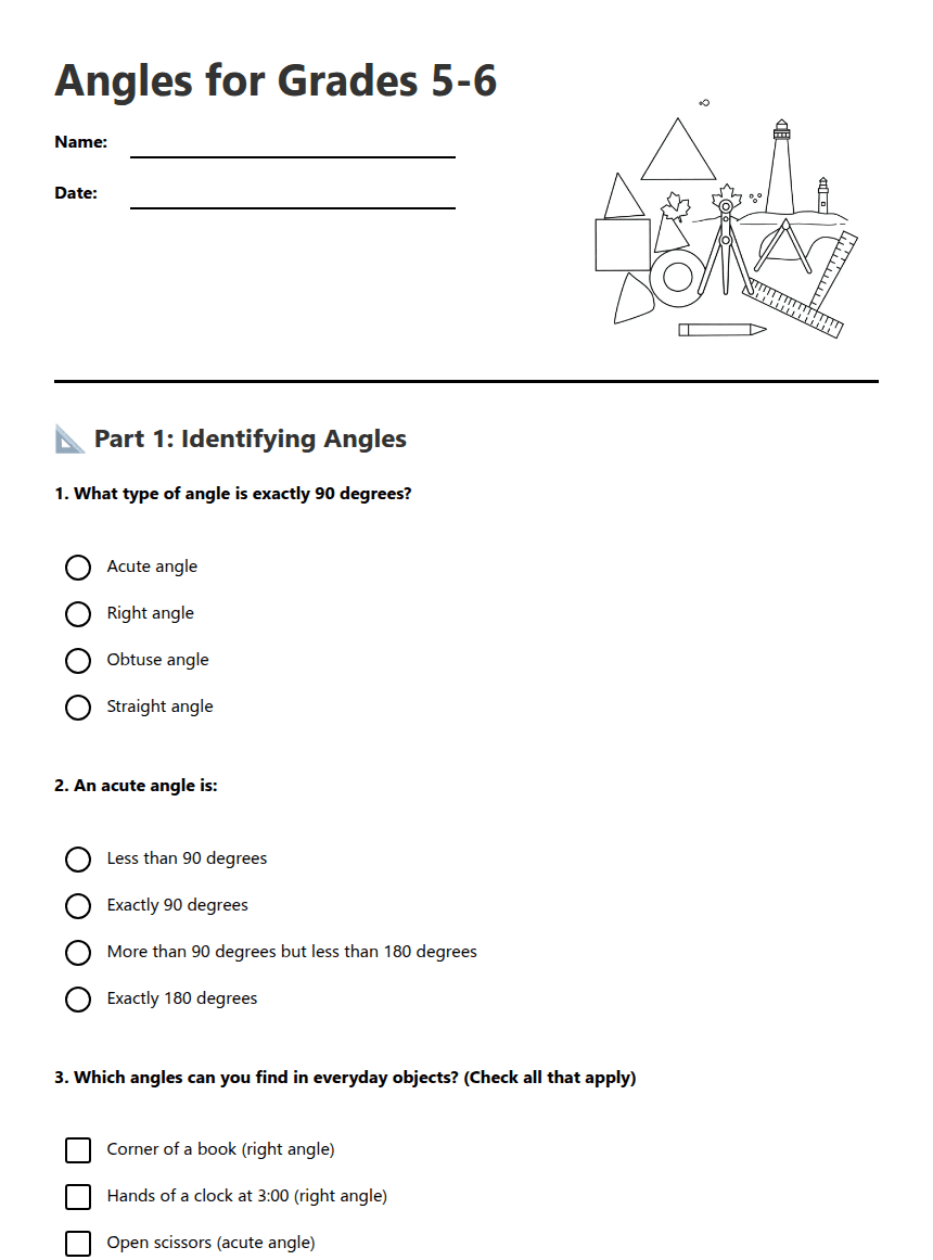 Angles for Grades 5-6 worksheet preview