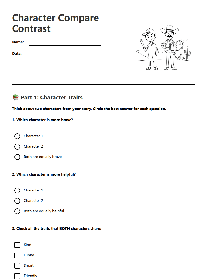 Character Compare Contrast worksheet preview