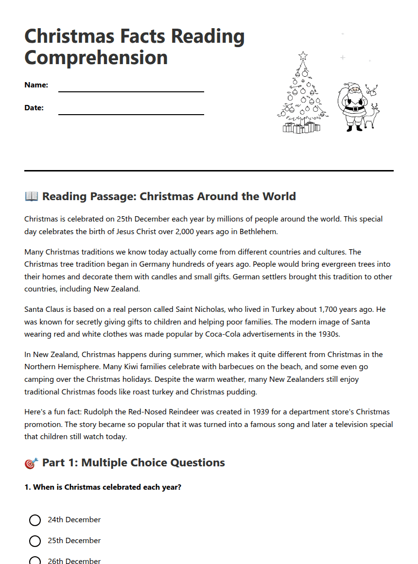 Christmas Facts Reading Comprehension worksheet preview