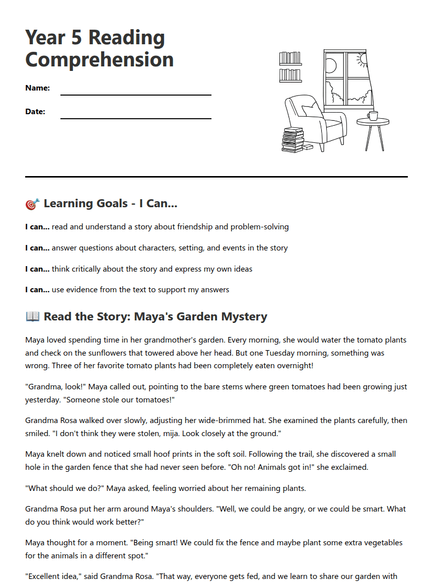 Year 5 Reading Comprehension worksheet preview