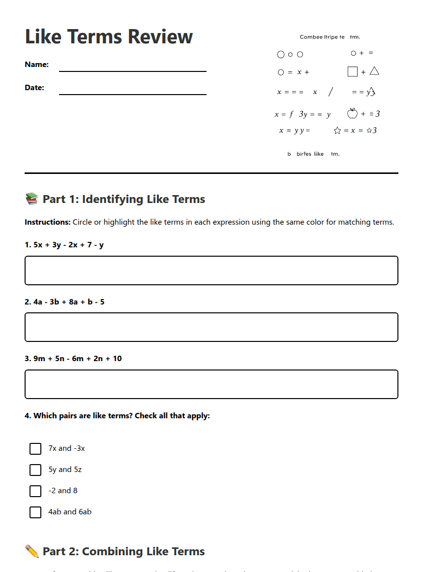 Like Terms Review worksheet preview
