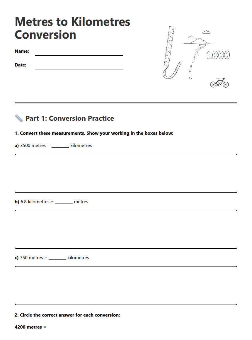 Metres to Kilometres Conversion worksheet preview