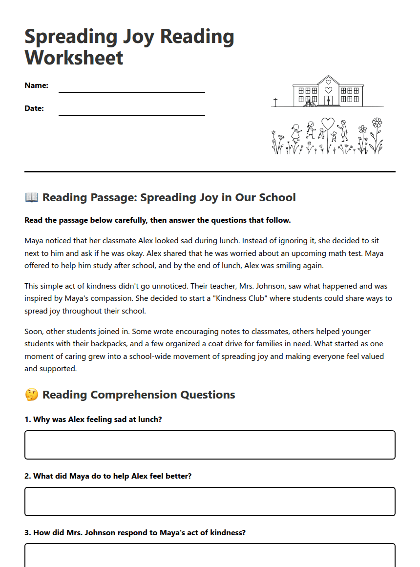 Spreading Joy Reading Worksheet worksheet preview