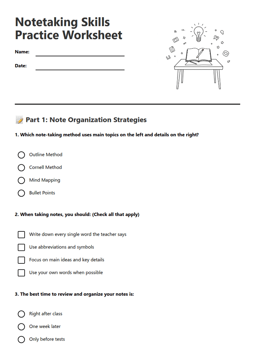 Notetaking Skills Practice Worksheet