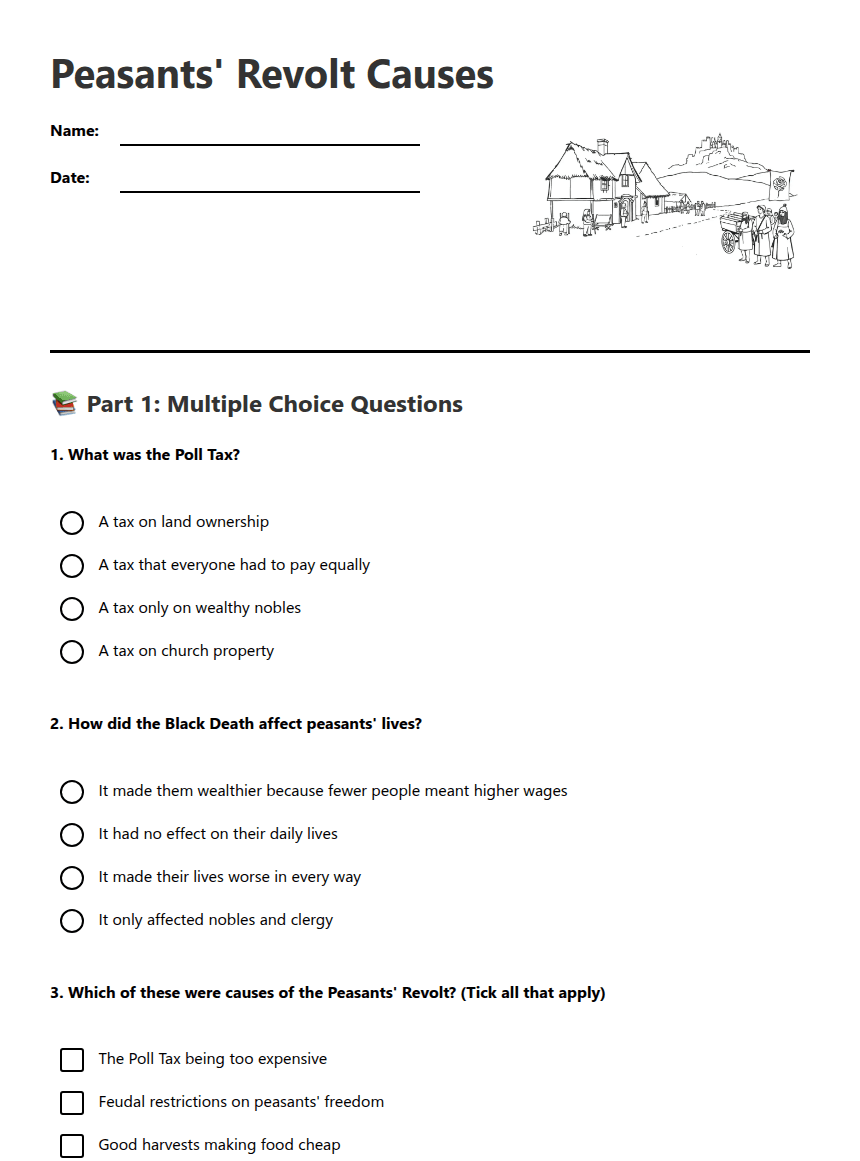 Peasants' Revolt Causes worksheet preview