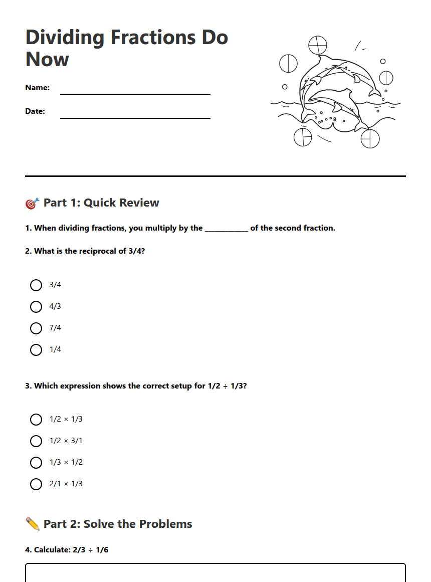 Dividing Fractions Do Now worksheet preview