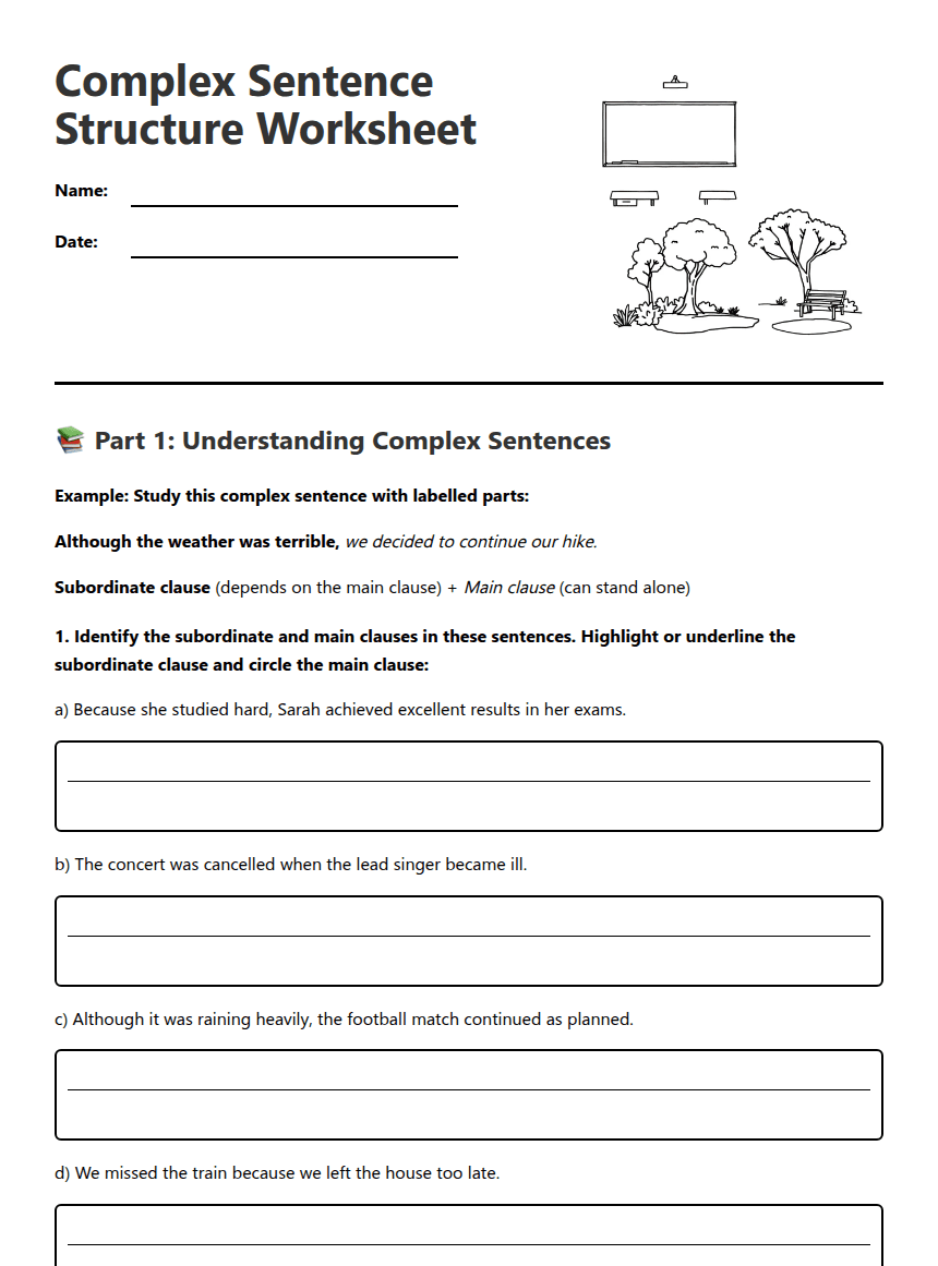 Complex Sentence Structure Worksheet worksheet preview