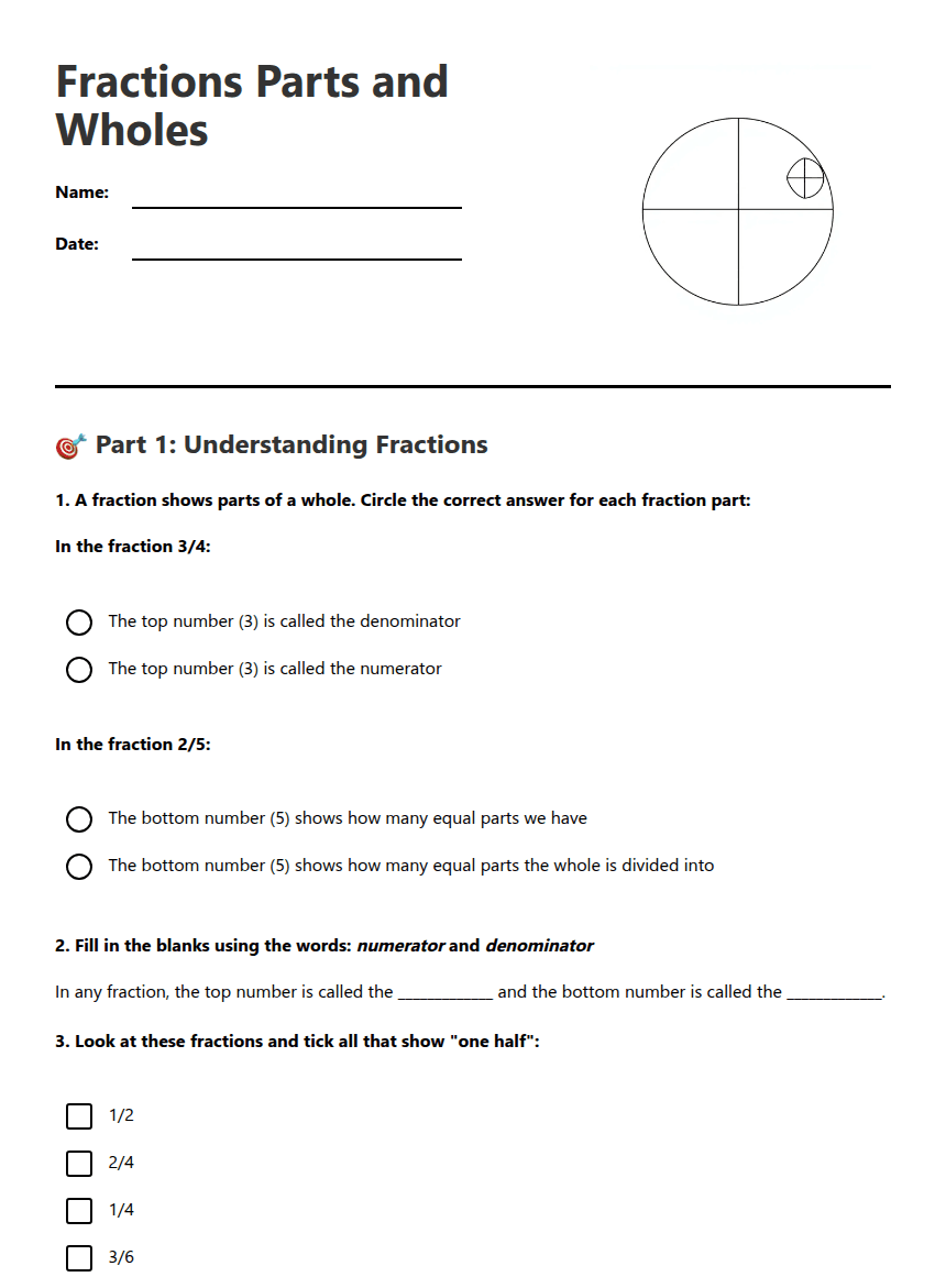 Fractions Parts and Wholes worksheet preview