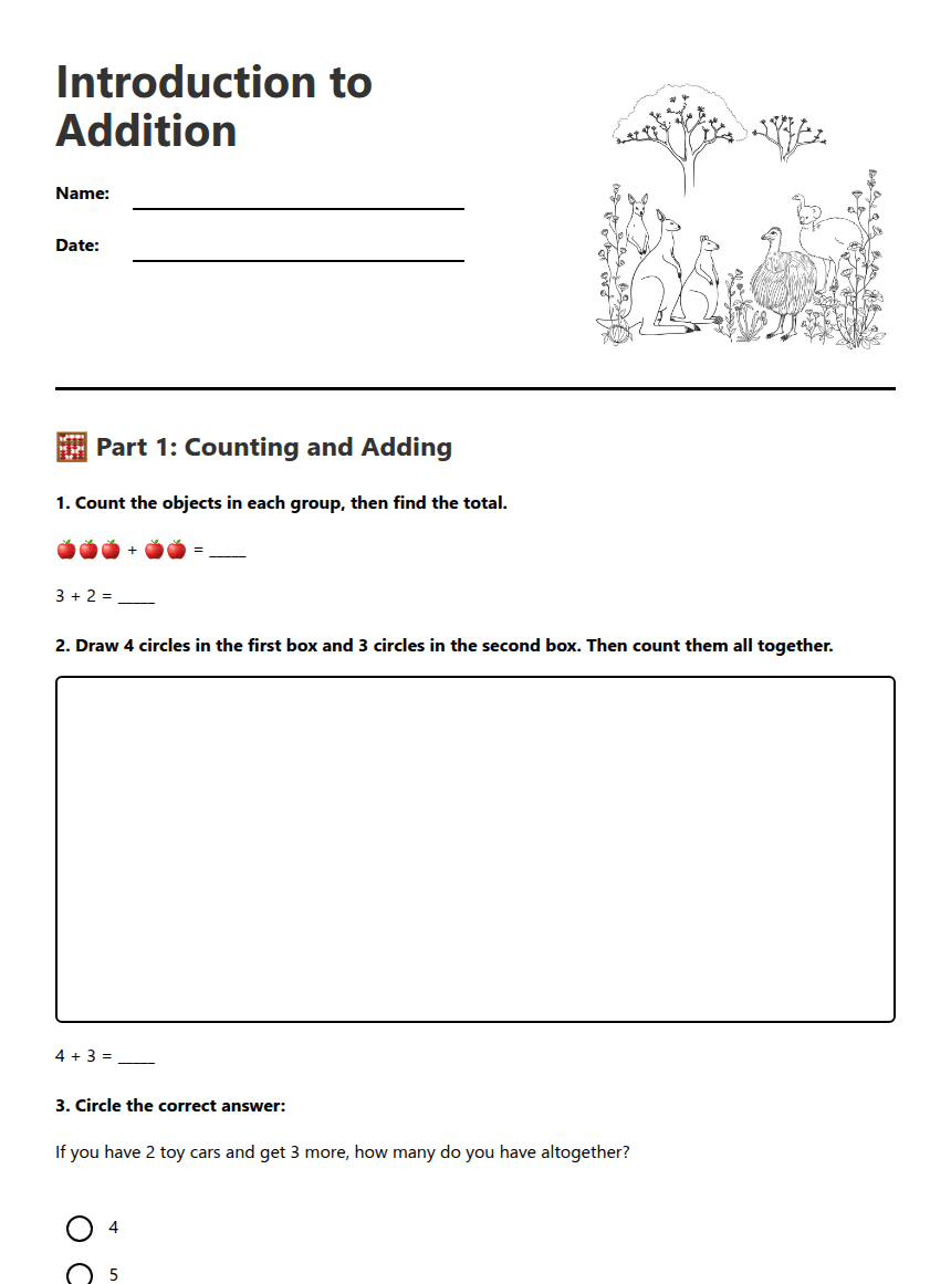 Introduction to Addition worksheet preview