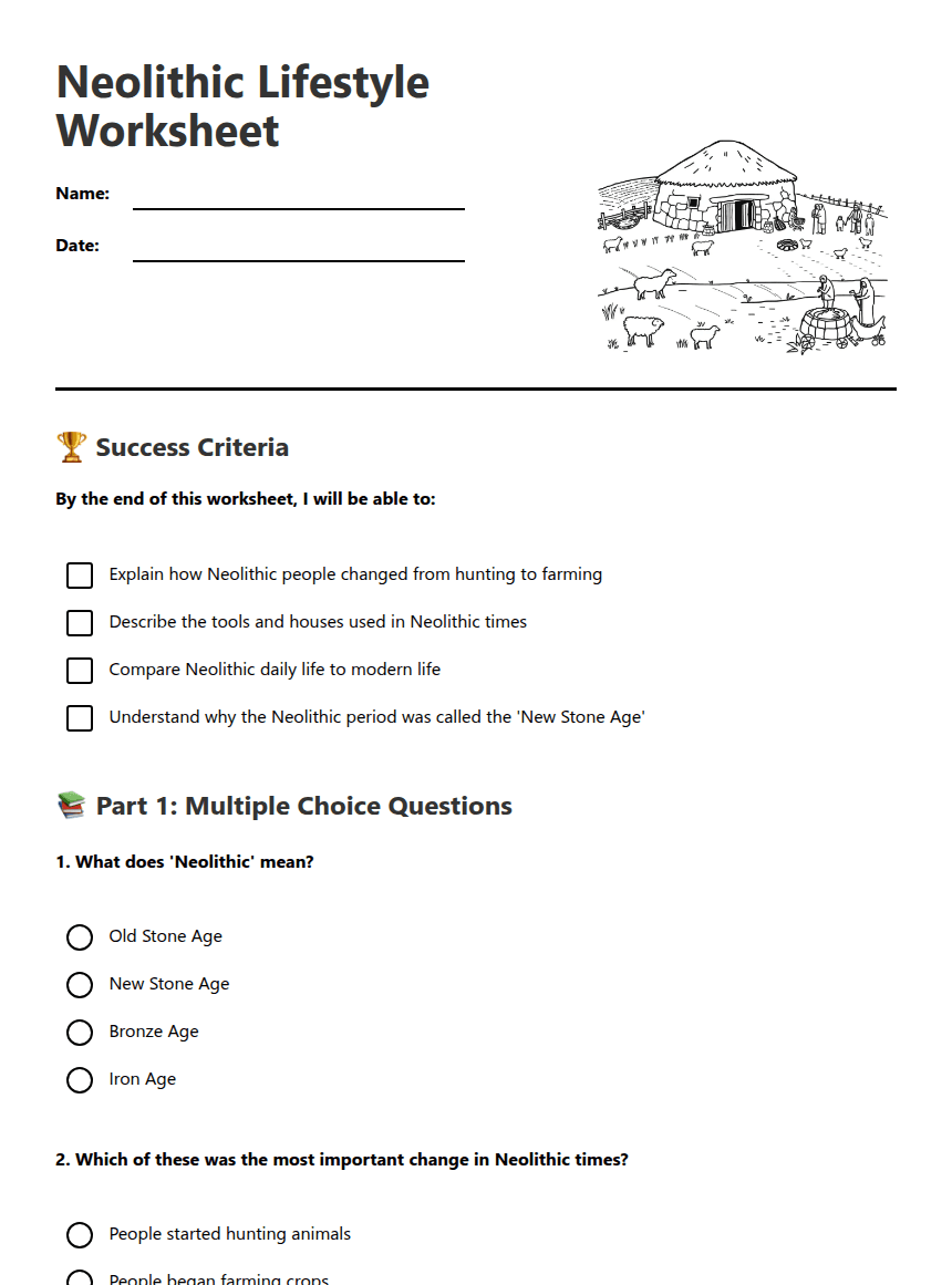 Neolithic Lifestyle Worksheet worksheet preview