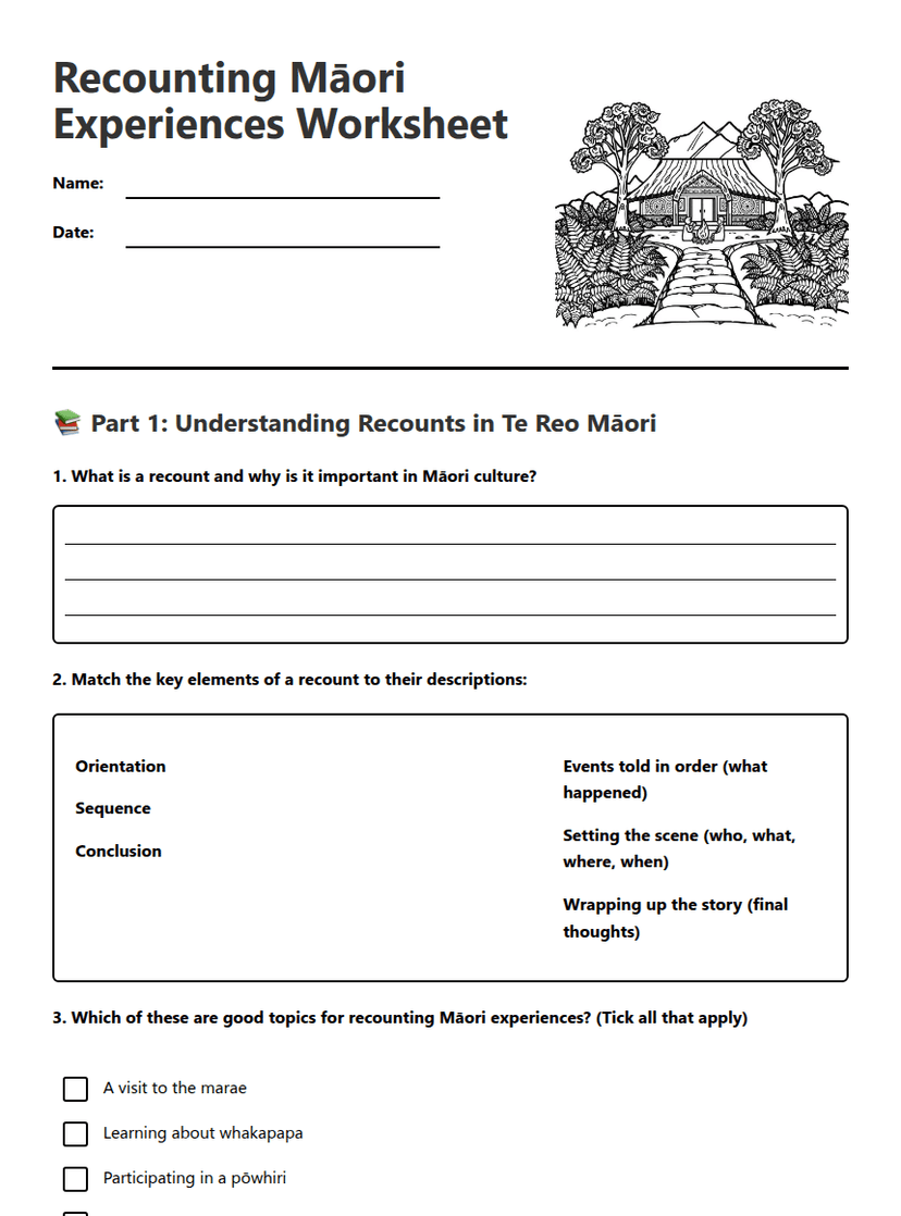 Recounting Māori Experiences Worksheet