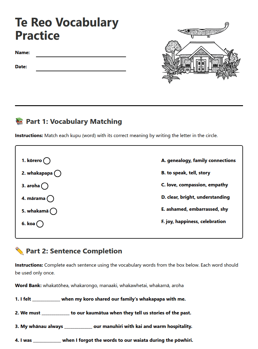 Te Reo Vocabulary Practice worksheet preview