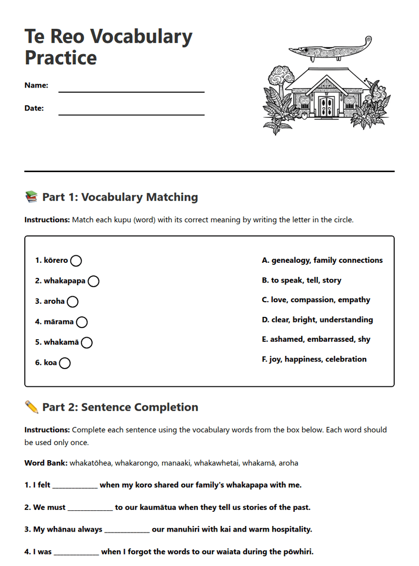 Te Reo Vocabulary Practice
