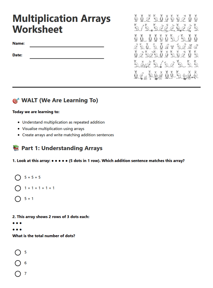Multiplication Arrays Worksheet
