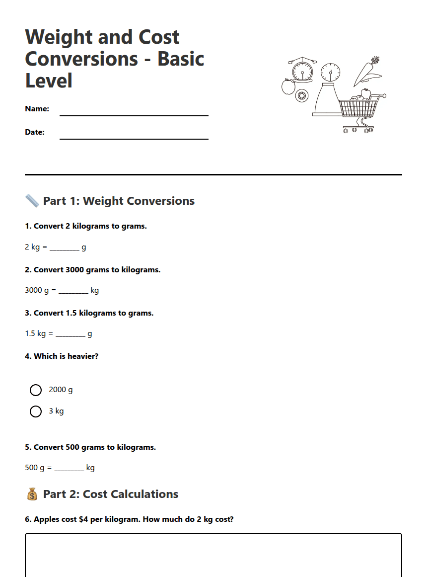 Weight and Cost Conversions worksheet preview