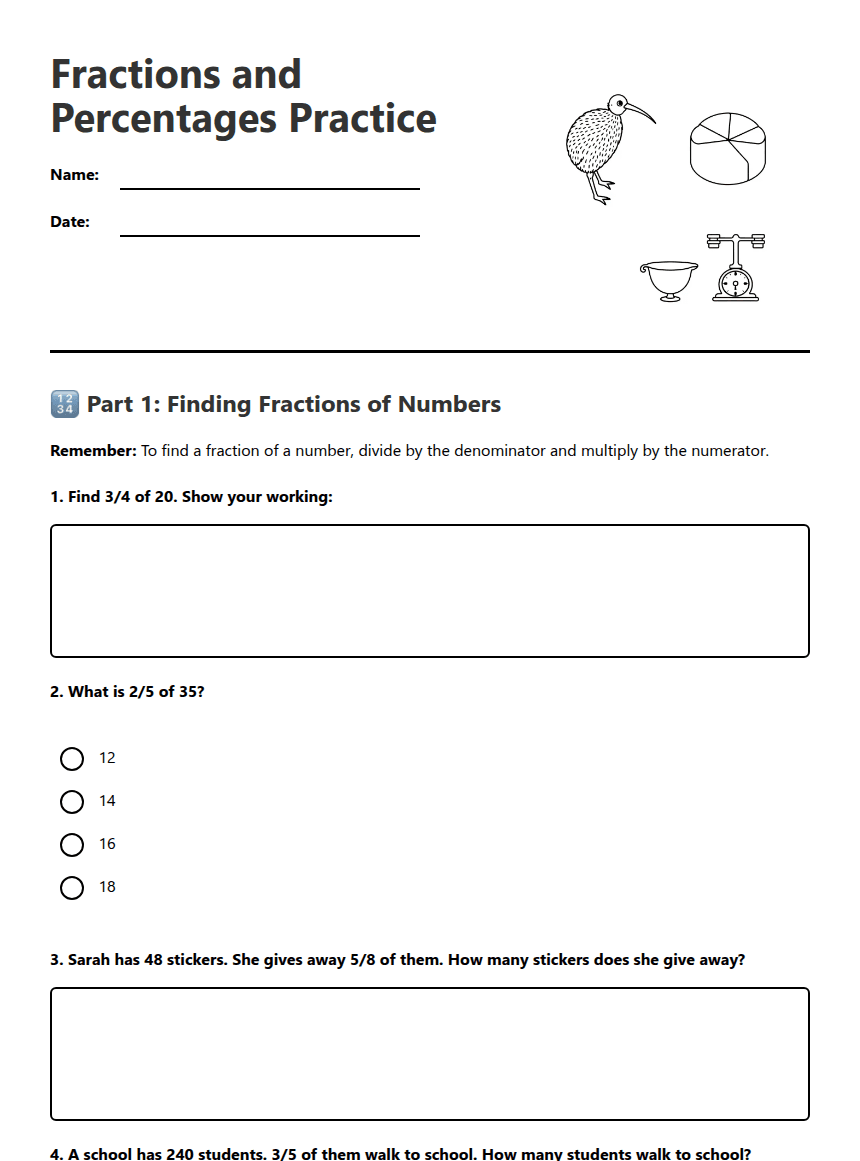 Fractions and Percentages Practice worksheet preview