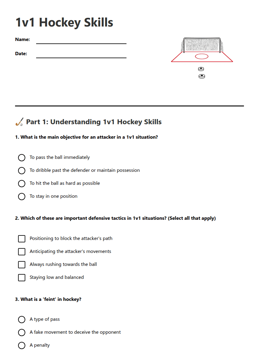 1v1 Hockey Skills worksheet preview