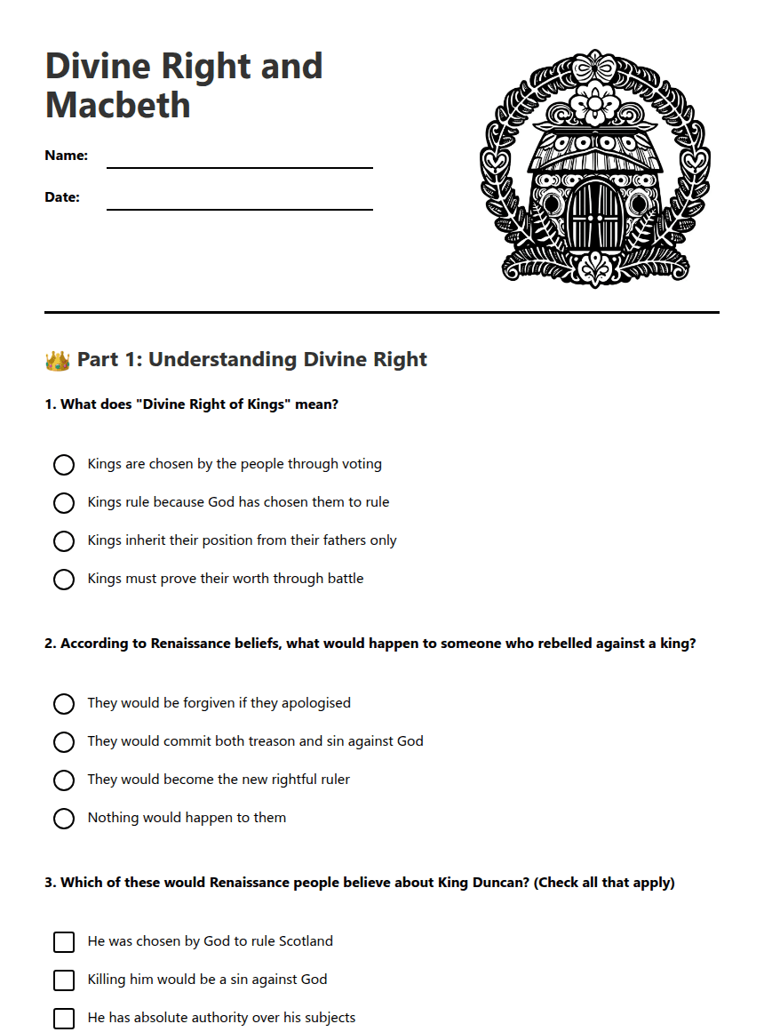 Divine Right and Macbeth worksheet preview