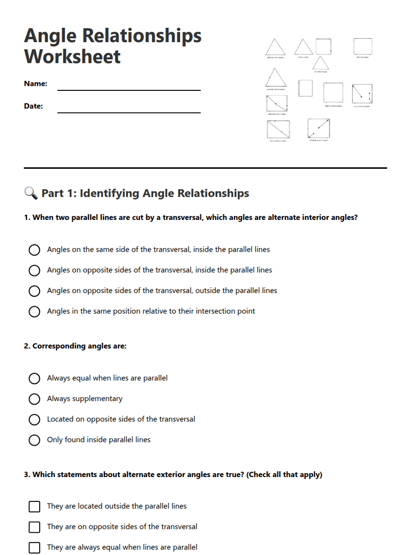 Angle Relationships Worksheet