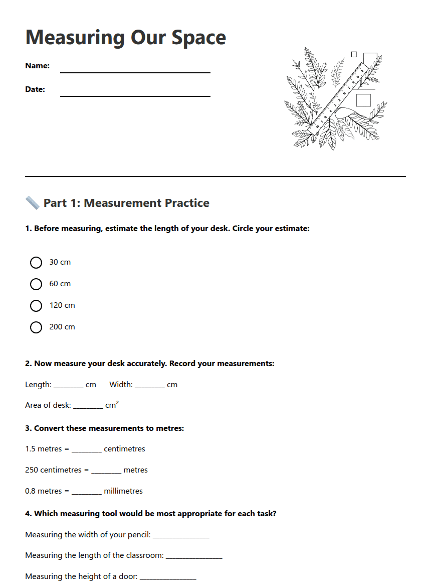 Measuring Our Space worksheet preview