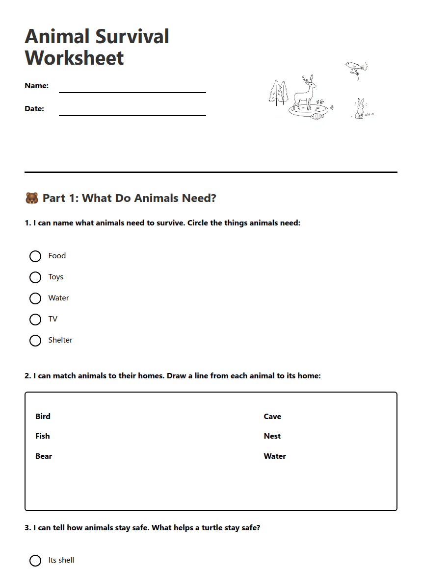 Animal Survival Worksheet worksheet preview