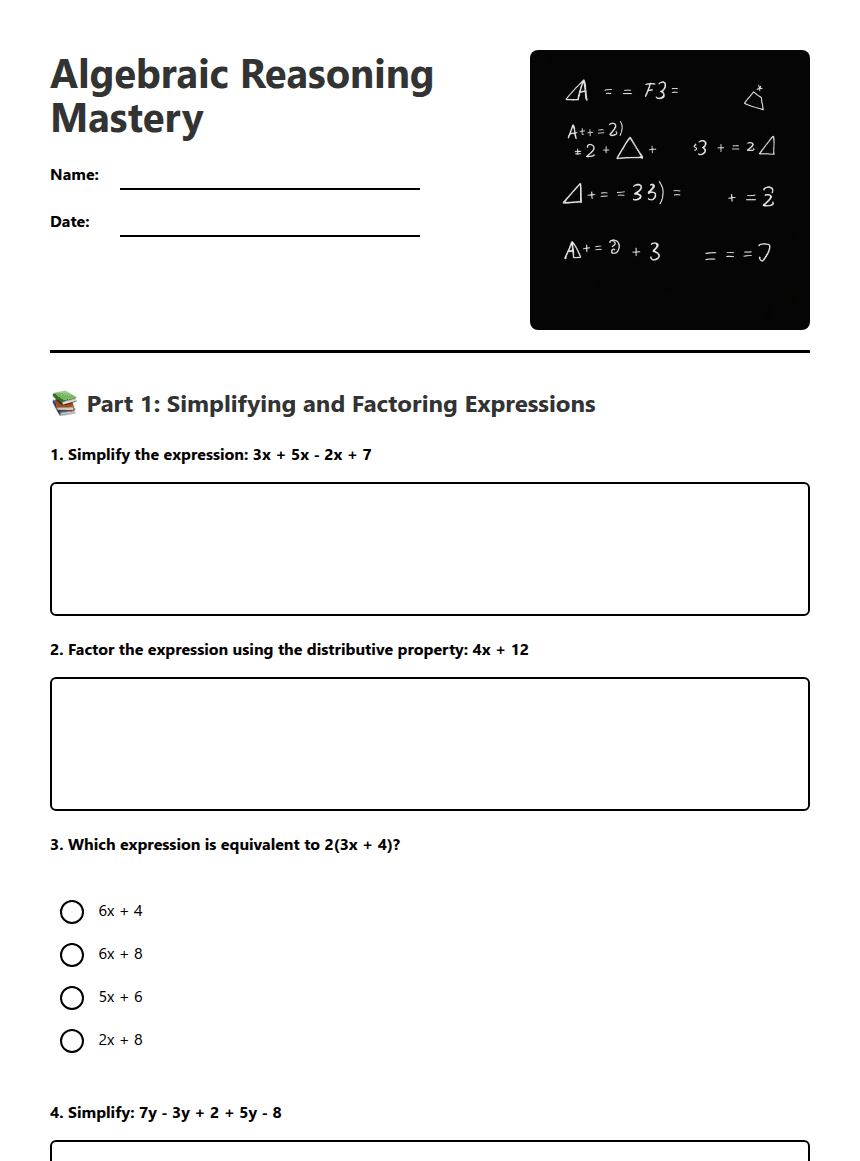 Algebraic Reasoning Mastery worksheet preview