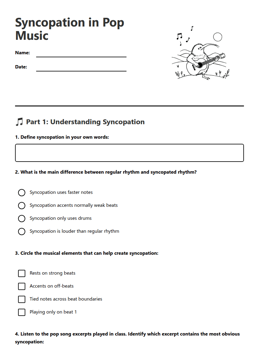 Syncopation in Pop Music worksheet preview