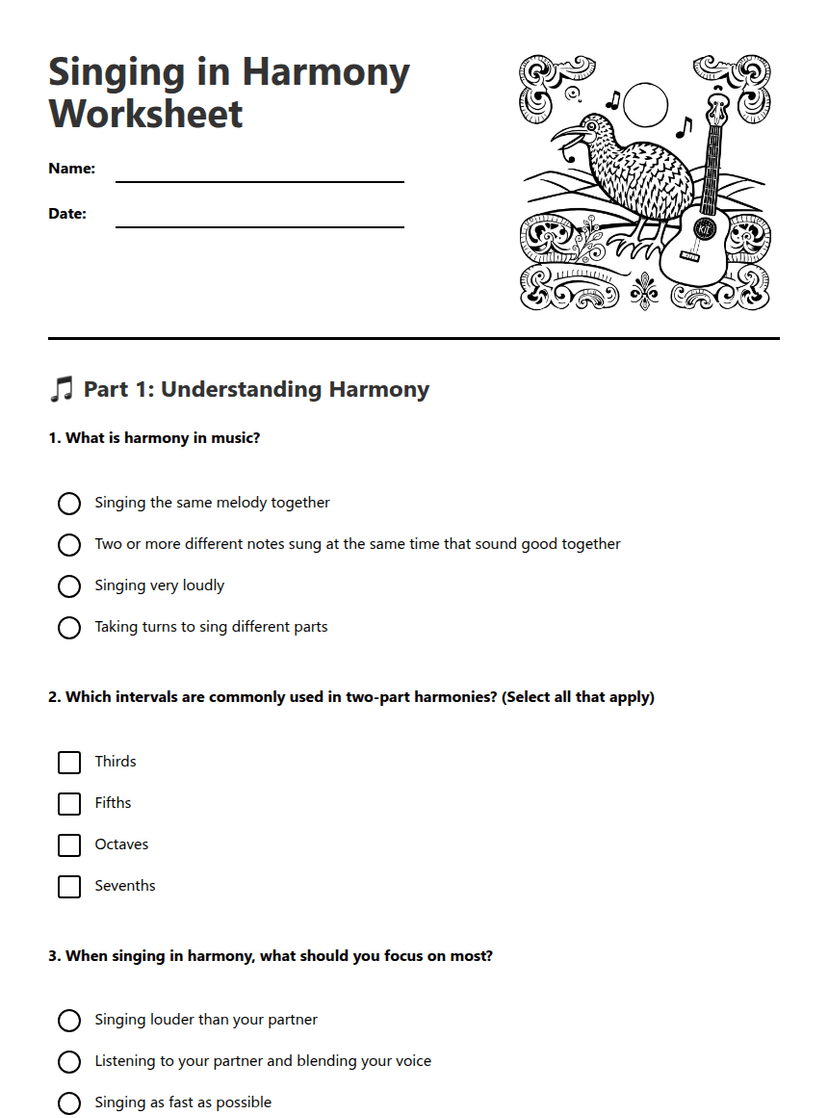 Singing in Harmony Worksheet