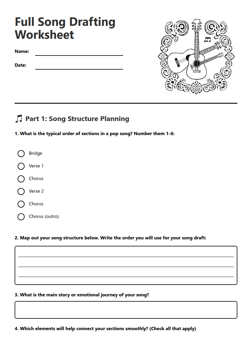 Full Song Drafting Worksheet worksheet preview