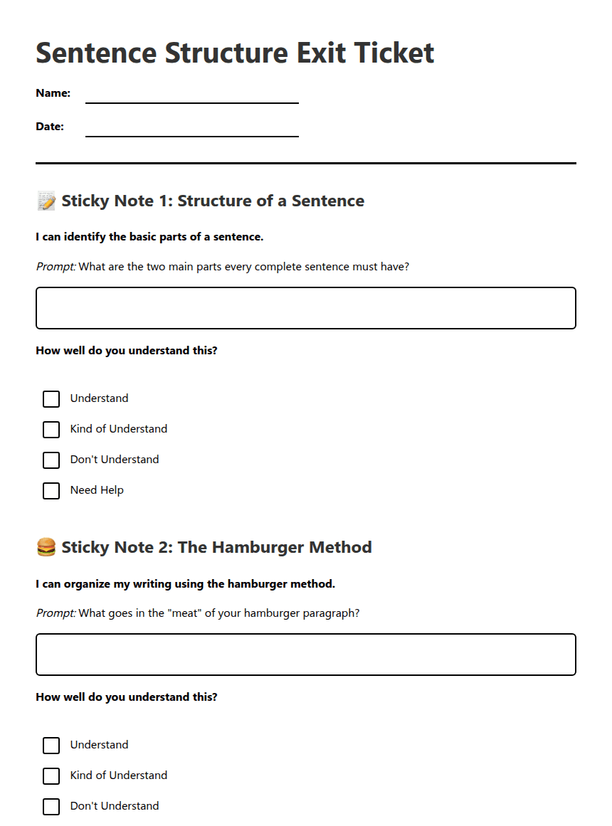 Sentence Structure Exit Ticket worksheet preview