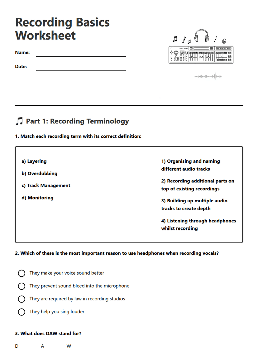 Recording Basics Worksheet