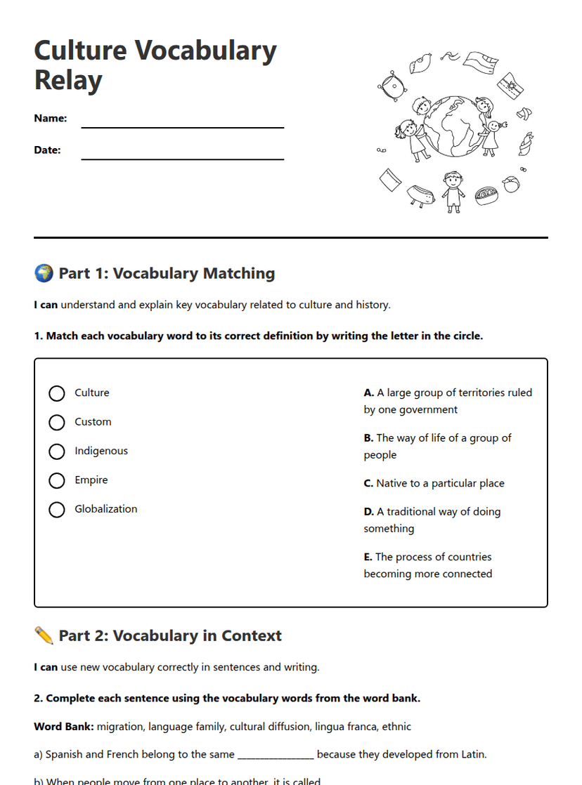 Culture Vocabulary Relay