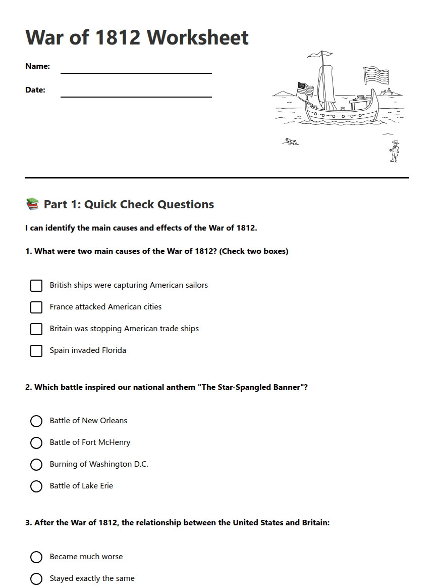 War of 1812 Worksheet worksheet preview