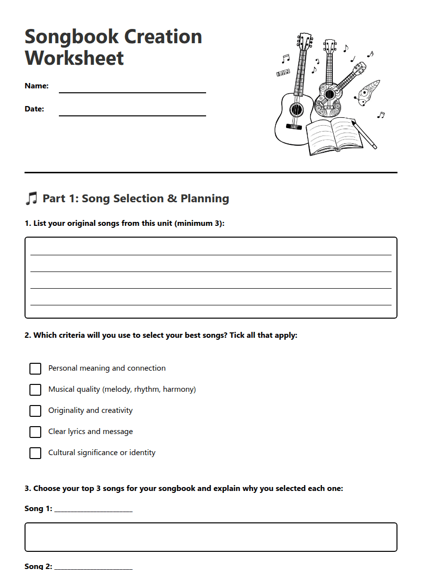 Songbook Creation Worksheet worksheet preview