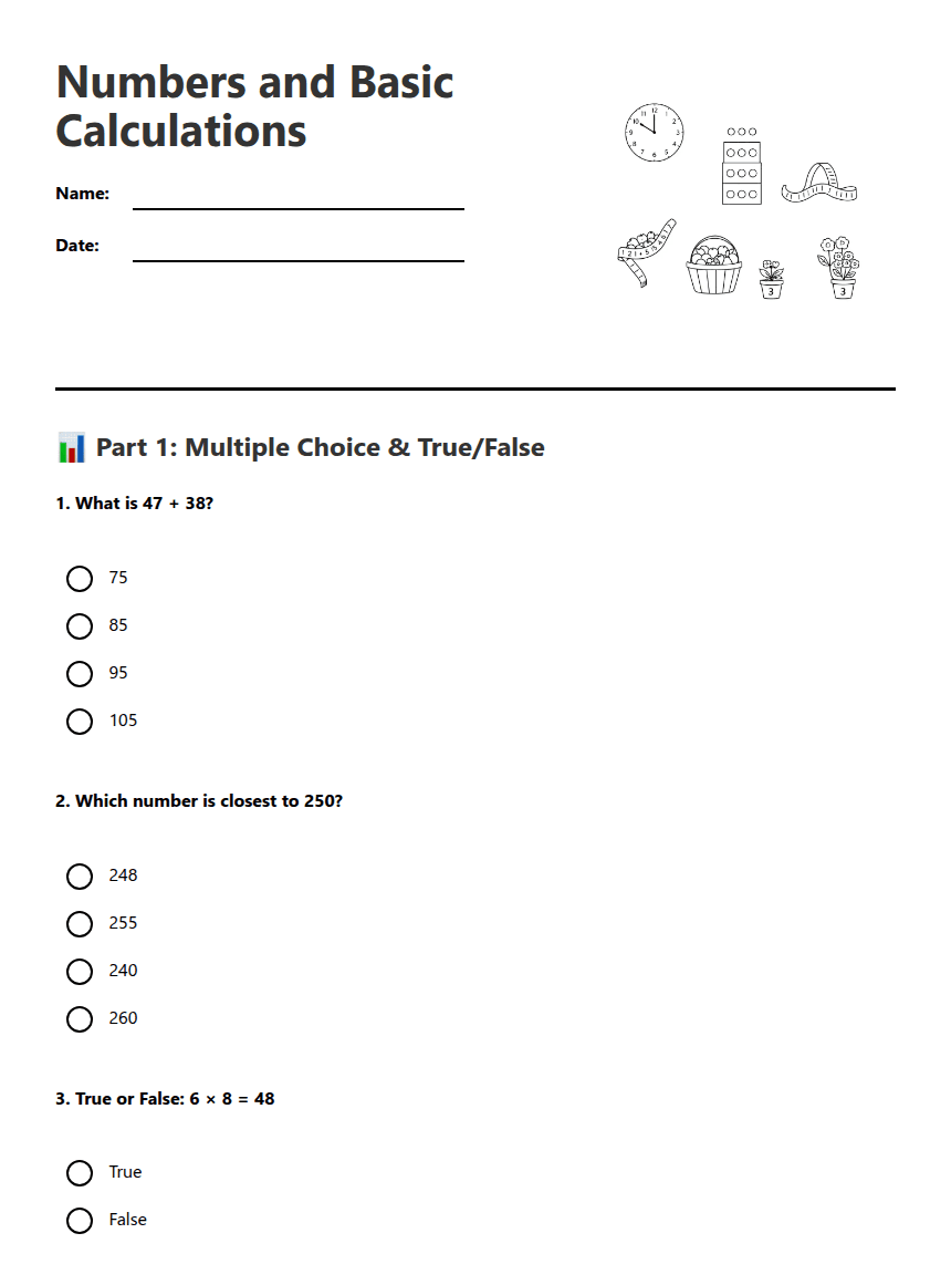 Numbers and Basic Calculations worksheet preview