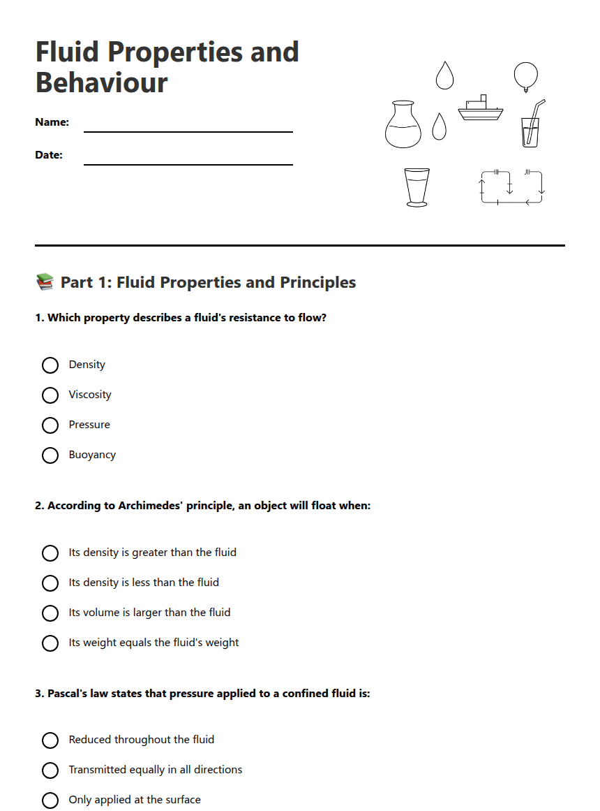 Fluid Properties and Behaviour worksheet preview