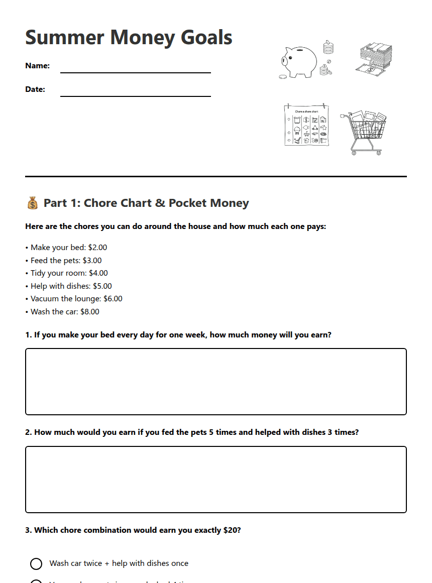Summer Money Goals worksheet preview