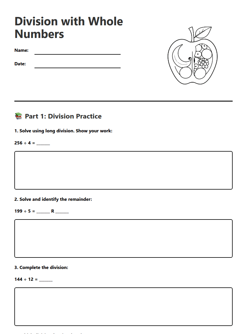 Division with Whole Numbers worksheet preview