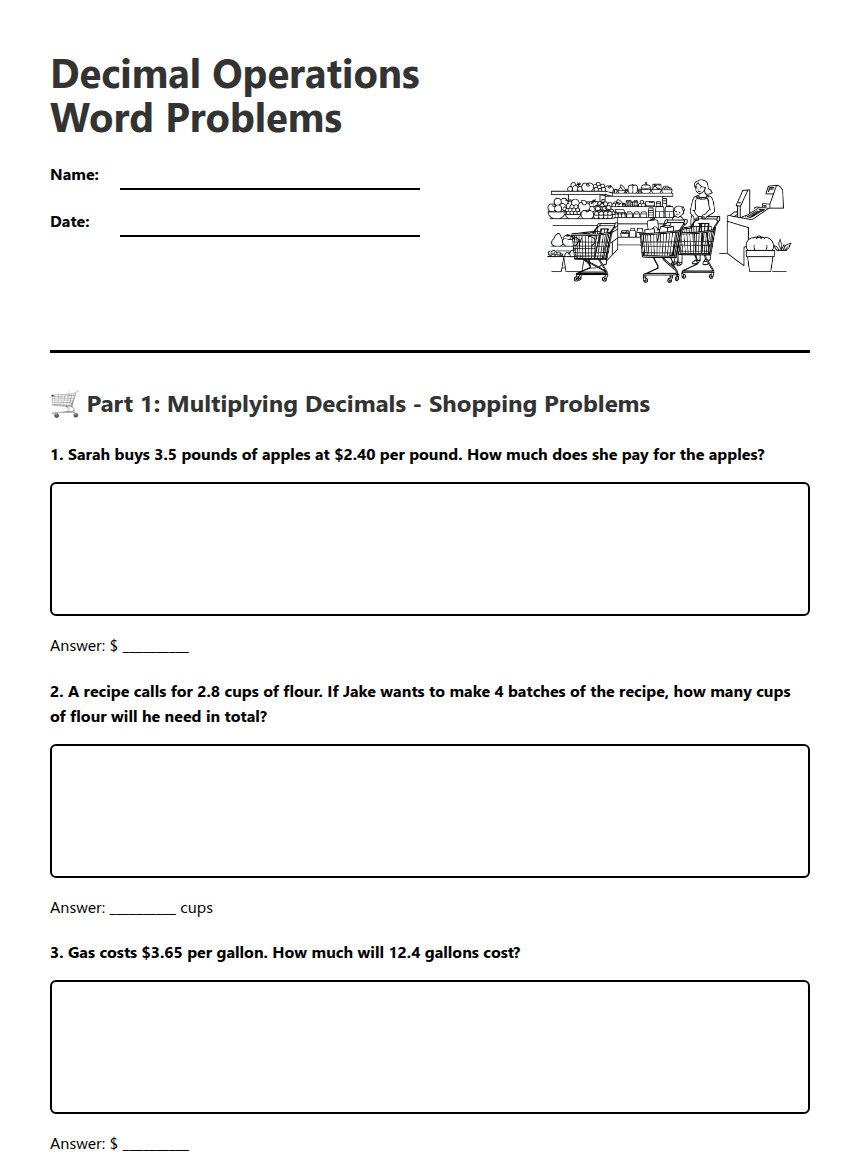 Decimal Operations Word Problems worksheet preview